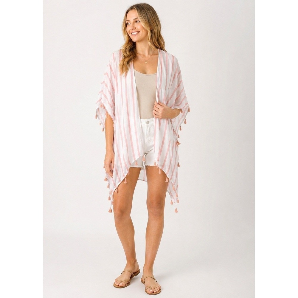 Do Everything In Love Beachy Shawl Womens One Size White Pink Stripe Fringe